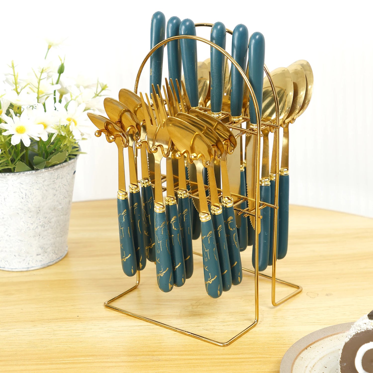 Stainless steel 24-piece tableware set with holder, including forks, knives, and spoons for six, mirror polished by MC The Black Diamonds.