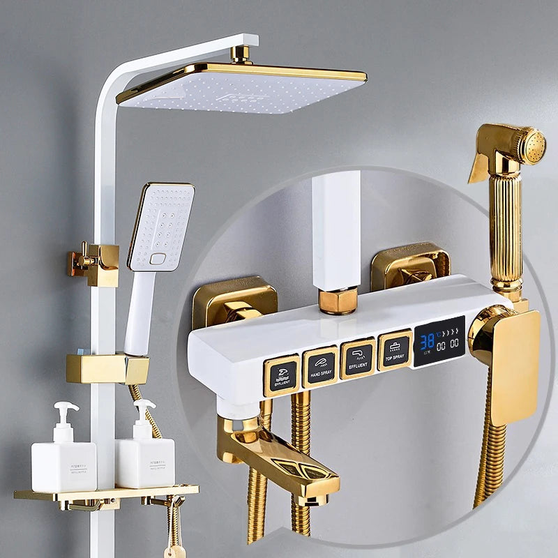 Luxury Hot Cold Digital Bathroom Shower System Thermostatic Brass Faucet Gold Digital Piano Control Rainfall Shower Head Set
