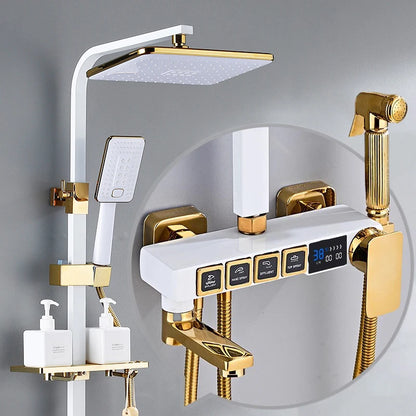 Luxury Hot Cold Digital Bathroom Shower System Thermostatic Brass Faucet Gold Digital Piano Control Rainfall Shower Head Set