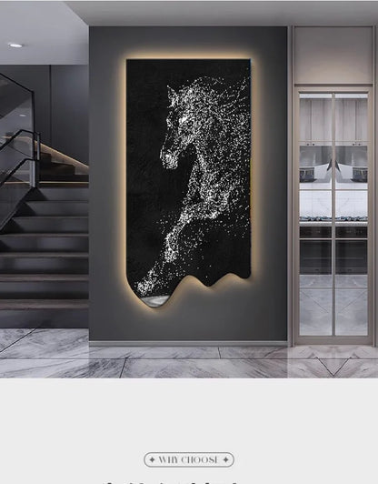 Modern art wall decor painting of a horse by MC THE BLACK DIAMOND, luminous LED poster painting for living room or corridor.
