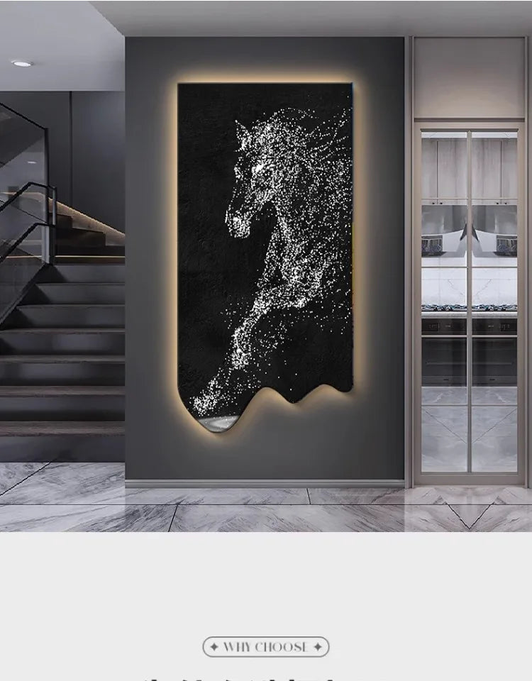 Modern art wall decor painting of a horse by MC THE BLACK DIAMOND, luminous LED poster painting for living room or corridor.