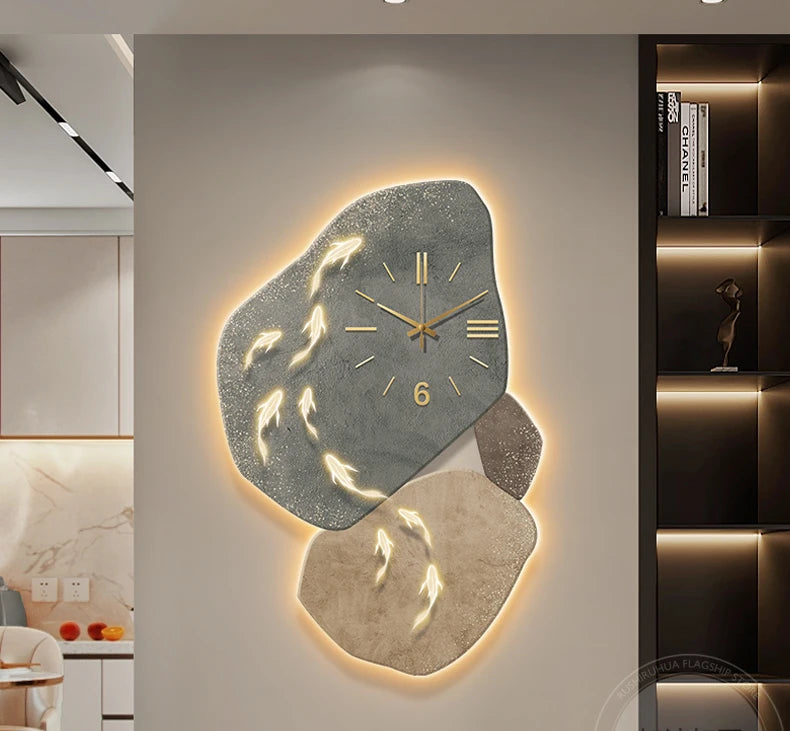 Modern MC THE BLACK DIAMOND Nine Fish Map wall clock with luminous numbers, decorative entrance or corridor hanging clock.