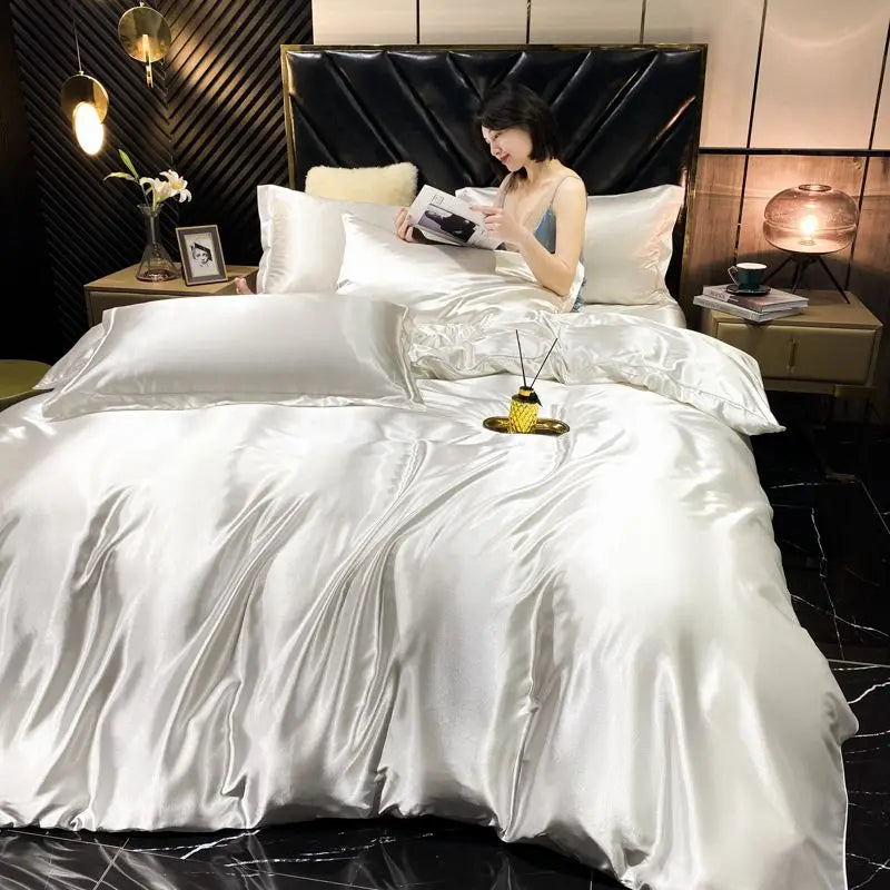 Luxury MC The Black Diamonds solid rayon silk bedding set with duvet cover, bed sheet, and satin pillowcases in king size.