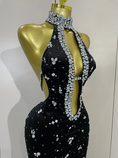 MC THE BLACK DIAMOND sparkly diamond hollow velvet mermaid long dress with shimmering embellishments and elegant fit.