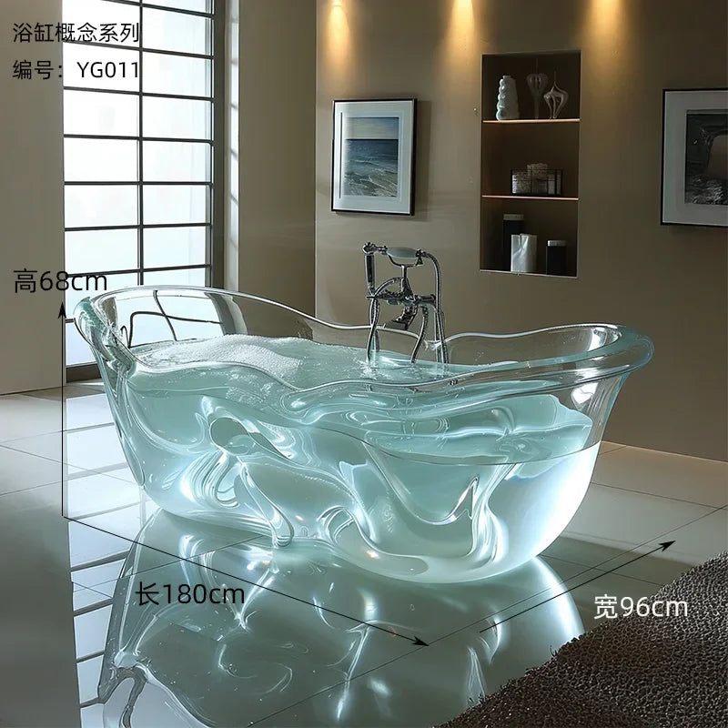 Transparent AI-designed freestanding bathtub by MC THE BLACK DIAMOND, featuring crystal-like resin and modern corrugated design.