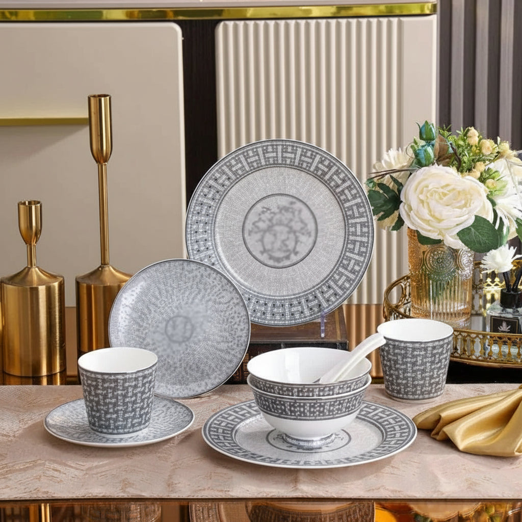 Luxury 10-piece European gray horse-drawn cart tableware set with bone china bowls, plates, spoons in a circular gift box.