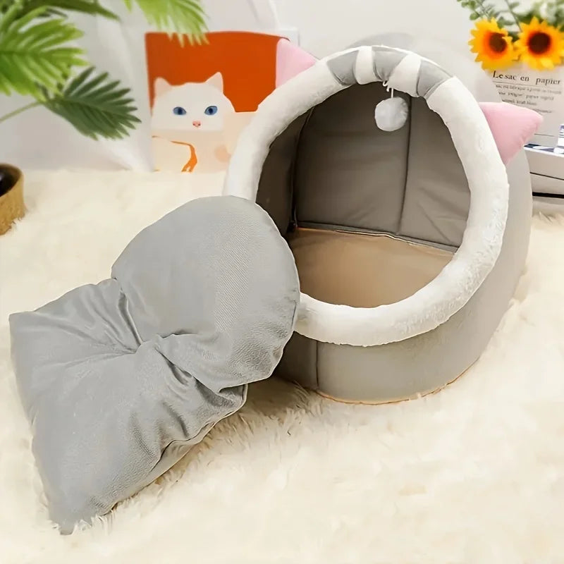 1 Comfortable Cartoon Cat House with Removable Pad, Modern Style Pet Bed Cave, Indoor Plush House Bed with Pompom - https://mohammadcollection.com