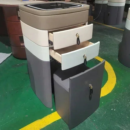 Modern makeup vanity with mirror, storage drawers, and stool from MC THE BLACK DIAMOND, featuring sleek, Nordic hotel-style design.