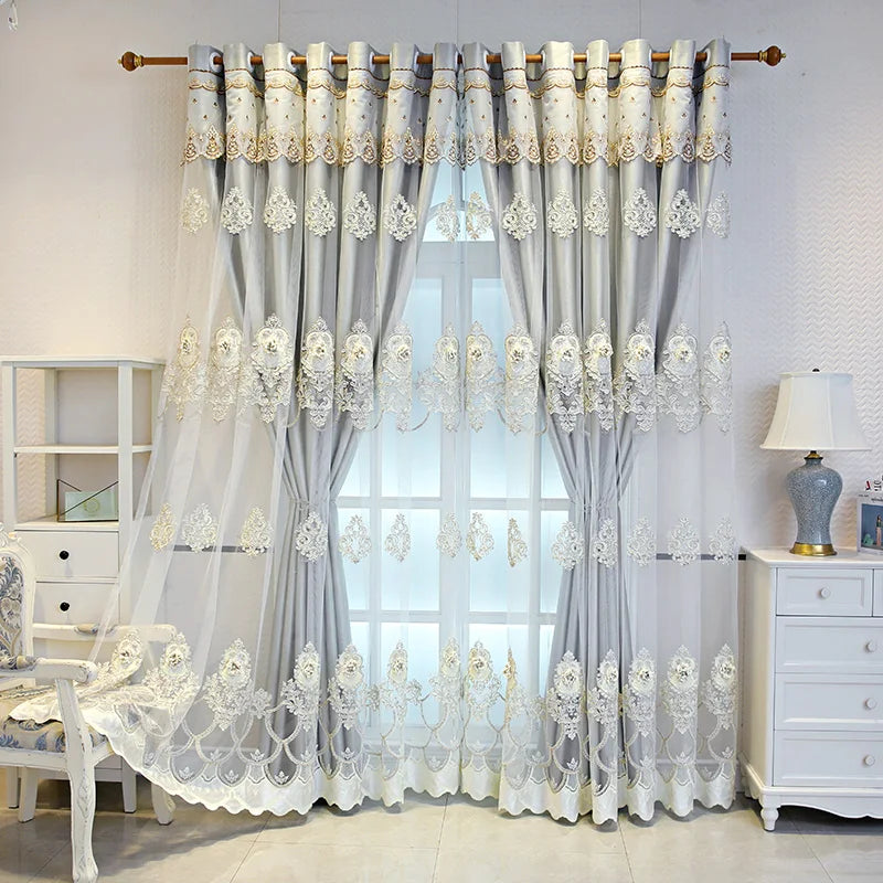 Elegant Double-Layer Curtains with Embossed Base &amp; 3D Embroidered Detailing Decorative Blackout Drapes for Bedroom/Living Room - https://mohammadcollection.com