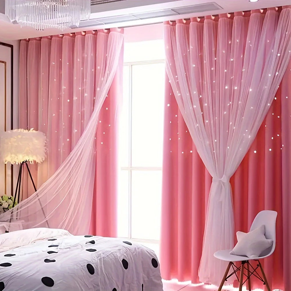 2 Panel Blue Romantic Sheer Girls Curtains Double-Layer Princess Curtains Hollow Stars Blackout Curtains Star Ins Gauze Curtains - https://mohammadcollection.com