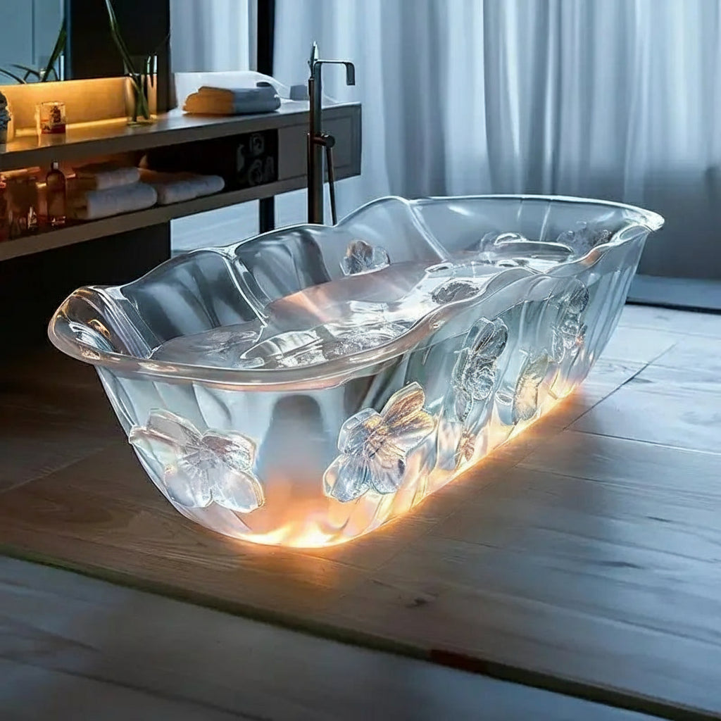 Y transparent freestanding bathtub by MC THE BLACK DIAMOND, crystal resin design, modern AI concept couple bathtub with corrugated exterior.