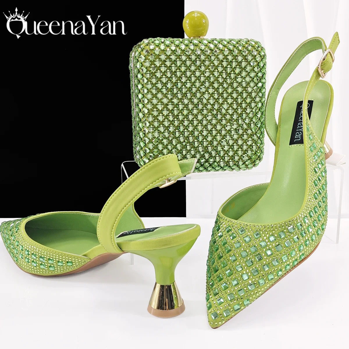Green pointed toe high heels and matching rhinestone handbag from Queena Yan Italian design, luxurious women’s party shoe and bag set.