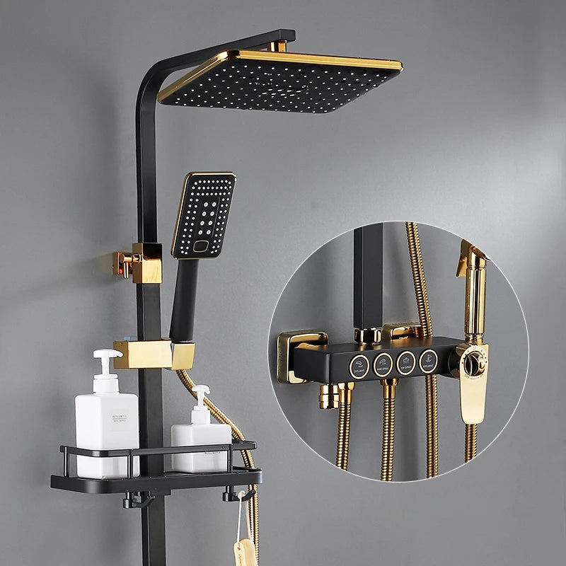 Luxury hot and cold digital bathroom rainfall shower head set with shower caddies, by MC THE BLACK DIAMOND, shown in the image.