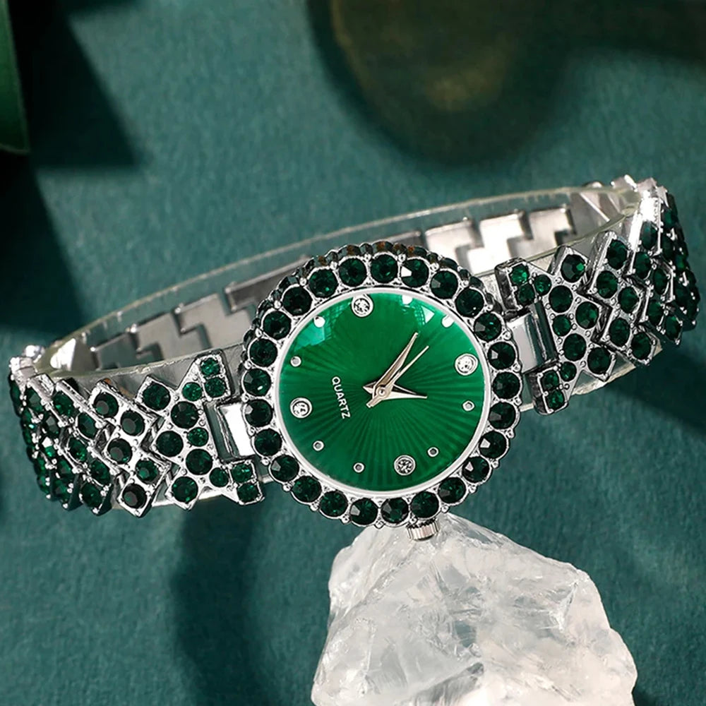 Women Fashion Watches Heart Rhinestone Ring Necklace Earring Jewelry Set Luxury Dress Quartz WristWatch Simple Elegant Watch Gif - https://mohammadcollection.com