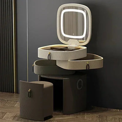 Modern MC THE BLACK DIAMOND makeup vanity with mirror, storage drawers, and cushioned stool, stylish Nordic hotel furniture.