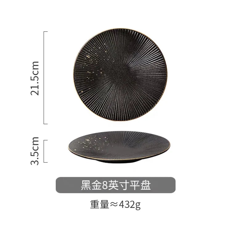 Luxury black striped porcelain dinner plate with gold border, part of 𝕄𝕔 𝕋𝕙𝕖 𝔹𝕝𝕒𝕔𝕜 𝔻𝕚𝕒𝕞�