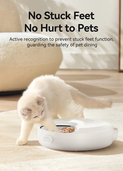 Automatic pet feeder by MC THE BLACK DIAMOND dispensing 4 meals of wet or dry food for cats and dogs, wireless smart kibble dispenser.