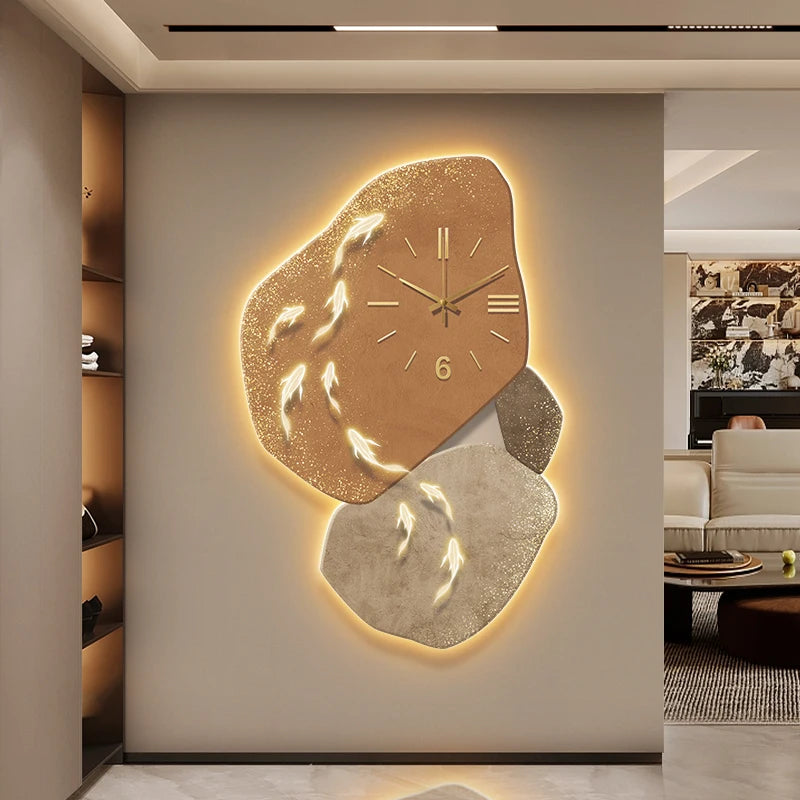 Modern Nine Fish Map Wall Clock by MC THE BLACK DIAMOND, luminous and stylish wall decoration for corridors and entrances.