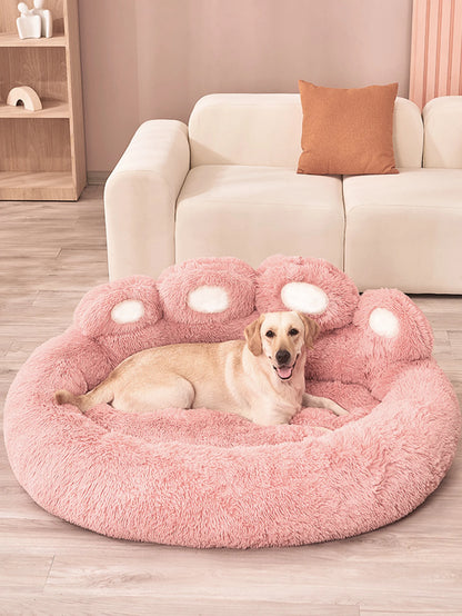 Large fluffy dog bed by MC THE BLACK DIAMOND, plush winter pet kennel with cozy cave design for large dogs and cats.