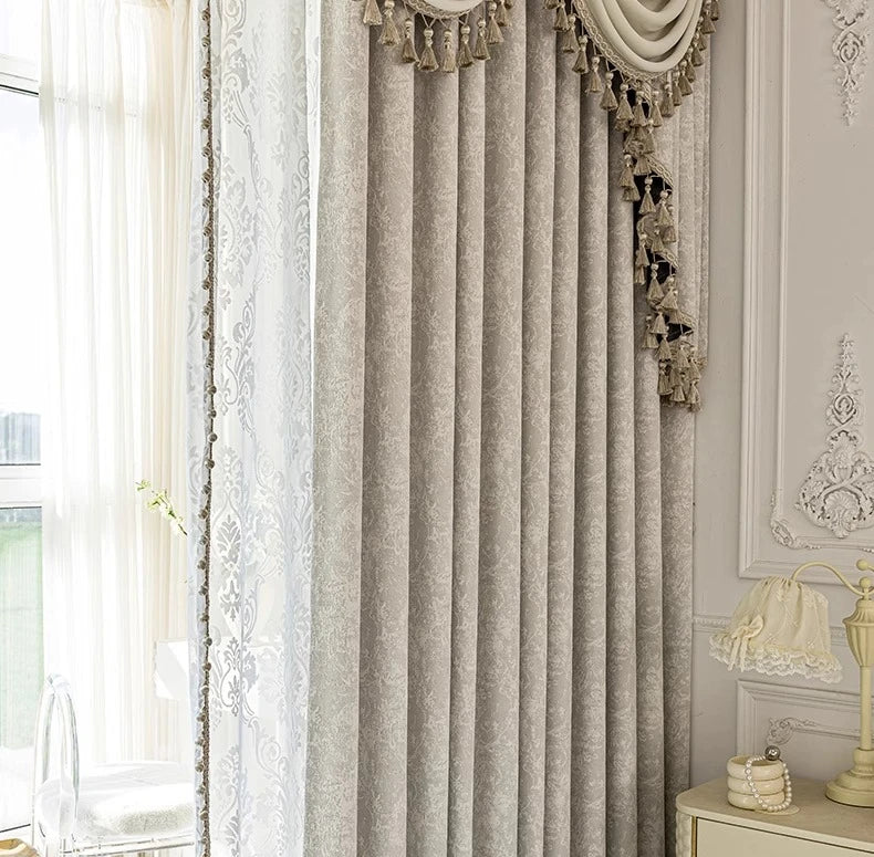 Beige jacquard chenille curtains by MC THE BLACK DIAMOND, stylish window screens for living rooms, bedrooms, and balconies.