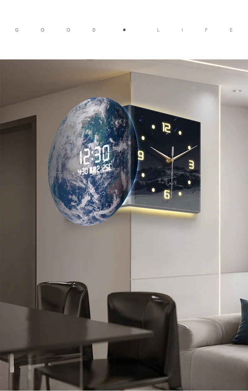 Earth Double Sided Corner Clock LED Wall Clock Modern Design Living Room Decoration Advanced Sense Wall Watch Home Wall Decor - 𝕄𝕮 𝕋𝕙𝕖 𝔹𝕝𝕒𝕔𝕜 𝔻𝕚𝕒𝕞𝕠𝕟𝕕