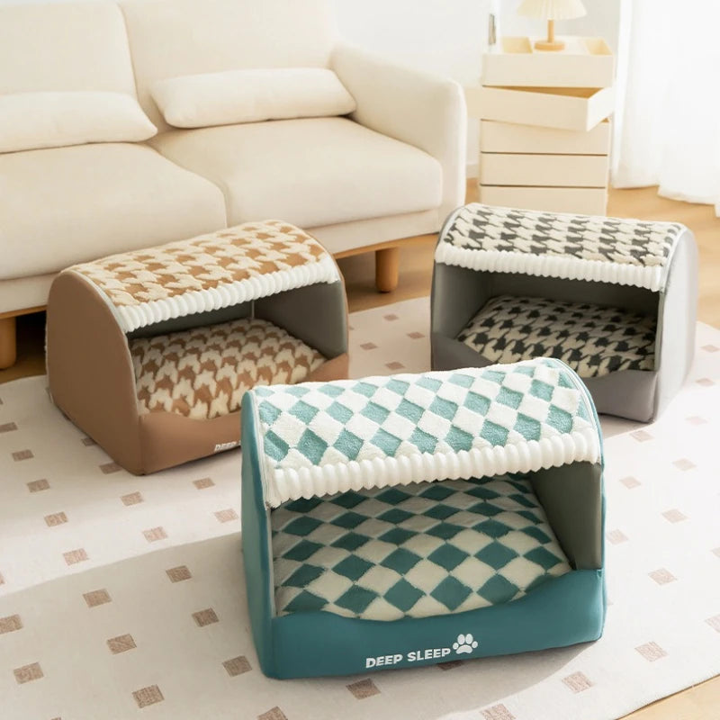 MC THE BLACK DIAMOND winter dog kennel nest with washable, deep sleep bed mat for medium to large dogs in a cozy indoor setting.