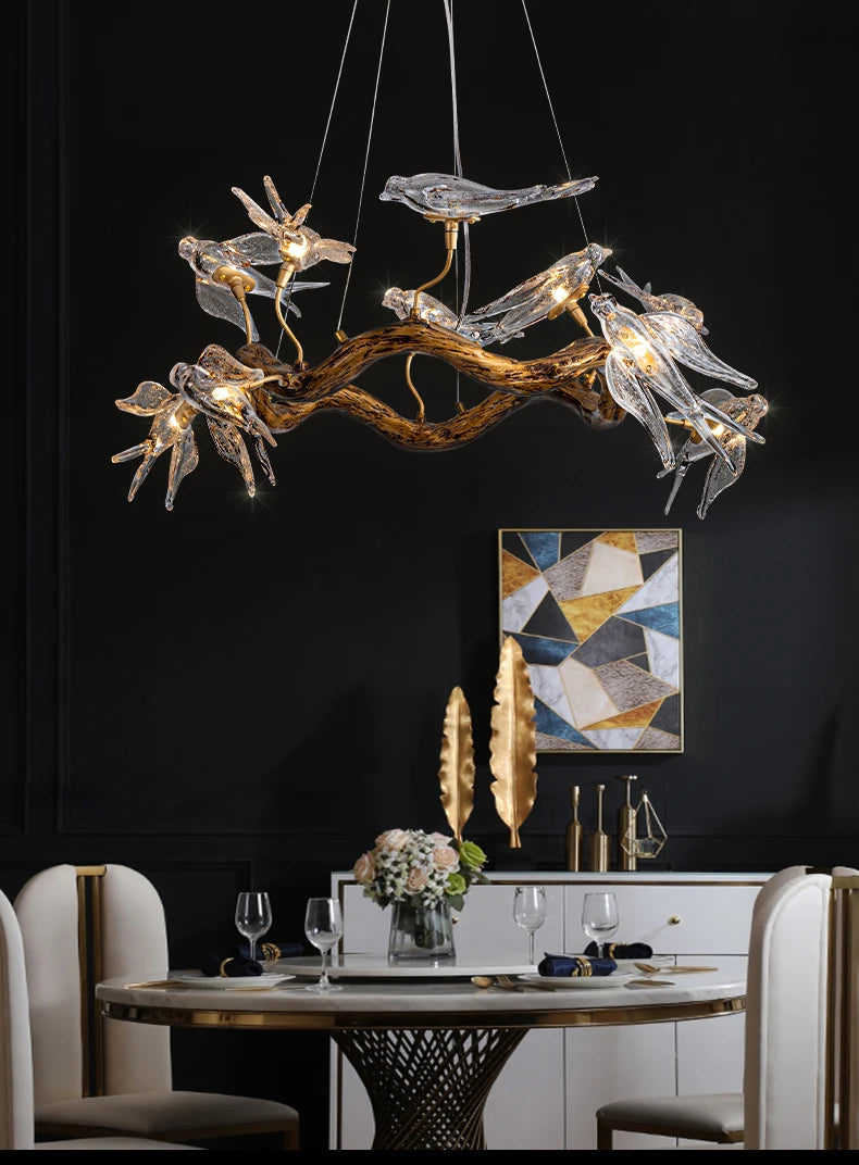 Vintage round bird chandelier by MC THE BLACK DIAMOND featuring swallow design and intricate lighting fixtures.