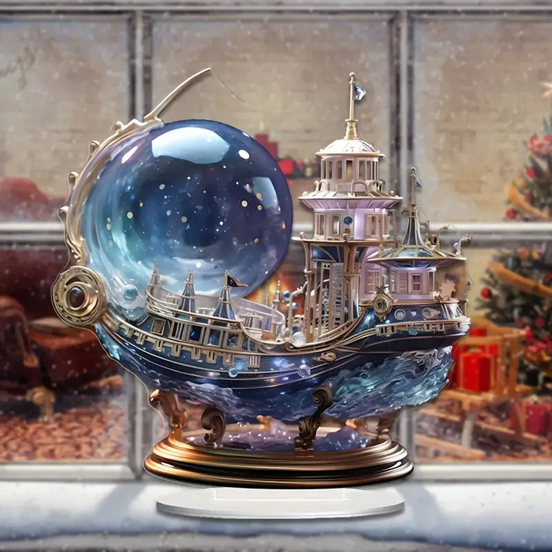 MC THE BLACK DIAMOND flat crystal pirate ship figurine, decorative cruise-themed ornament with intricate crystal craftsmanship.