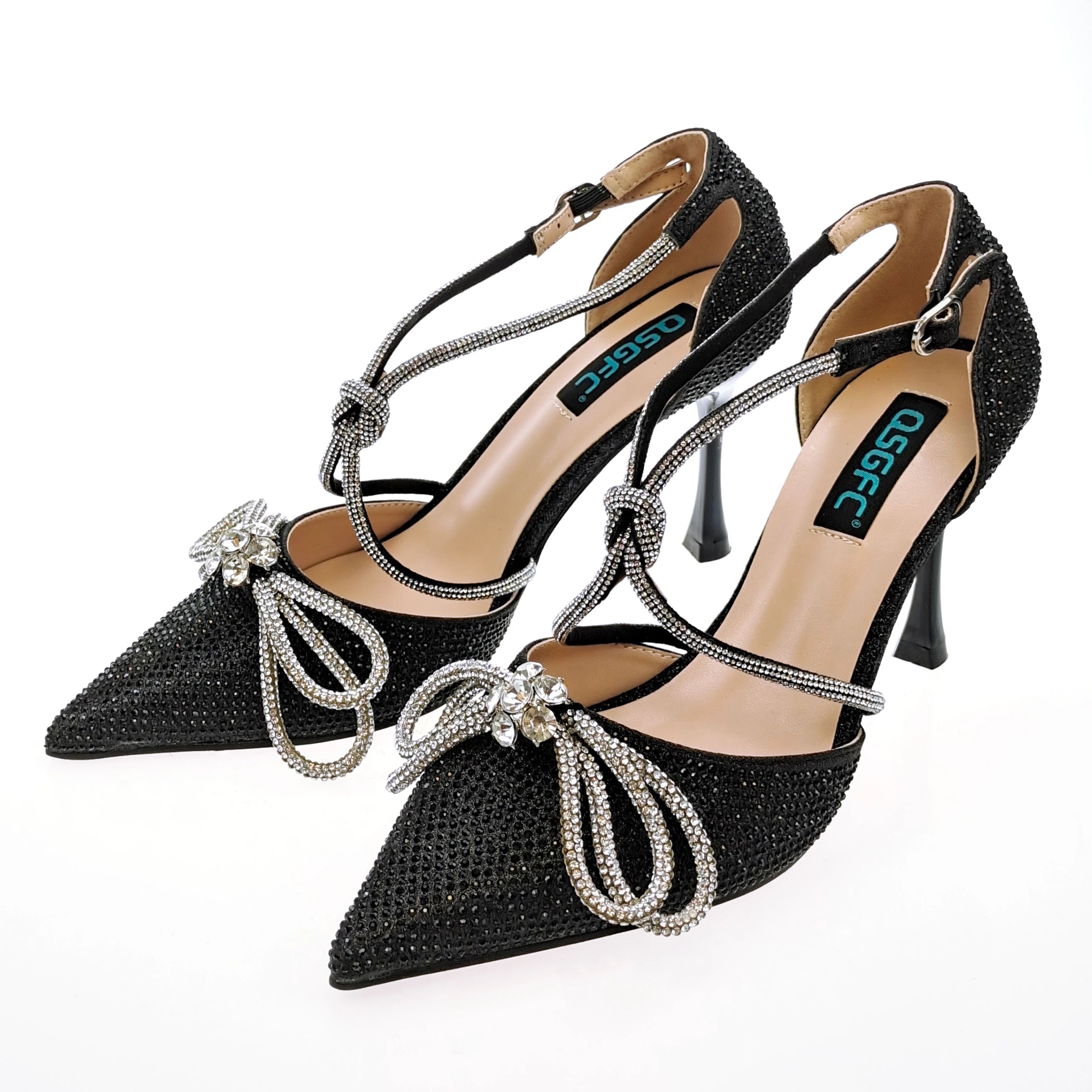 MC THE BLACK DIAMOND purple rhinestone party heels and matching bag set with pointed toe and high heels, full upper design