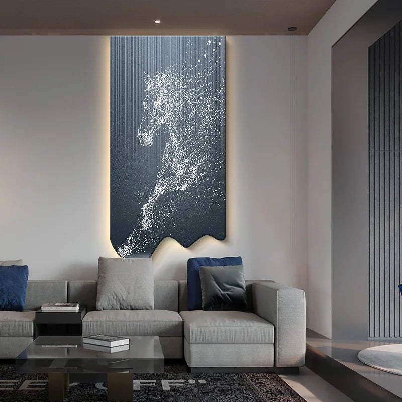 Modern art wall decor painting of a horse by MC THE BLACK DIAMOND, luminous LED hanging poster for luxury living rooms and corridors.