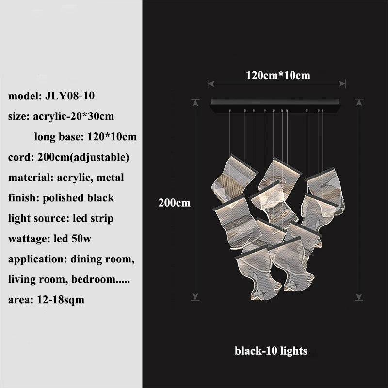 Modern MC THE BLACK DIAMOND LED chandelier lighting fixture in a living and dining room setting with sleek design.