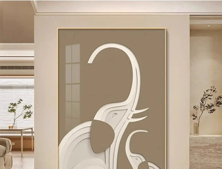 Abstract black elephant wall art poster by MC THE BLACK DIAMOND featuring LED light illumination for modern living room decor.