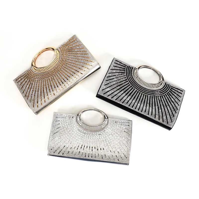 Elegant women's clutch bag with sparkling rhinestones and sequins, featuring a chain for evening or wedding parties.