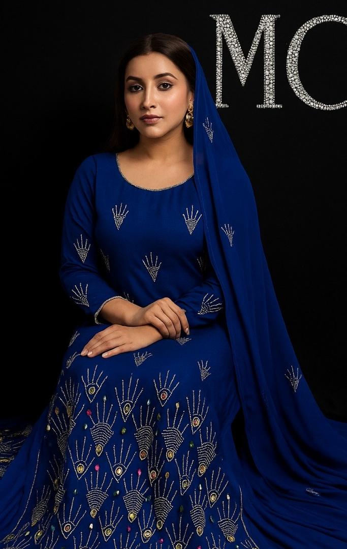 Luxury blue rhinestone chiffon fabric by Mohammad Collection, 60" wide, perfect for wedding drapes or dressmaking projects.