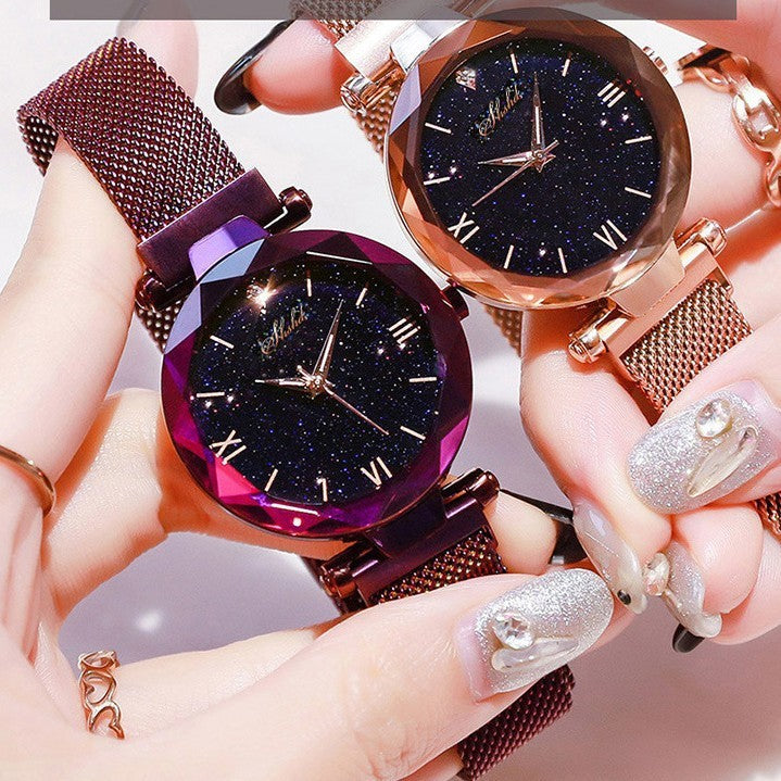 Starry Quartz Watch with Lazy Magnet Strap by Mohammad Collection, slip-on shoes featuring starry quartz design and magnetic strap.
