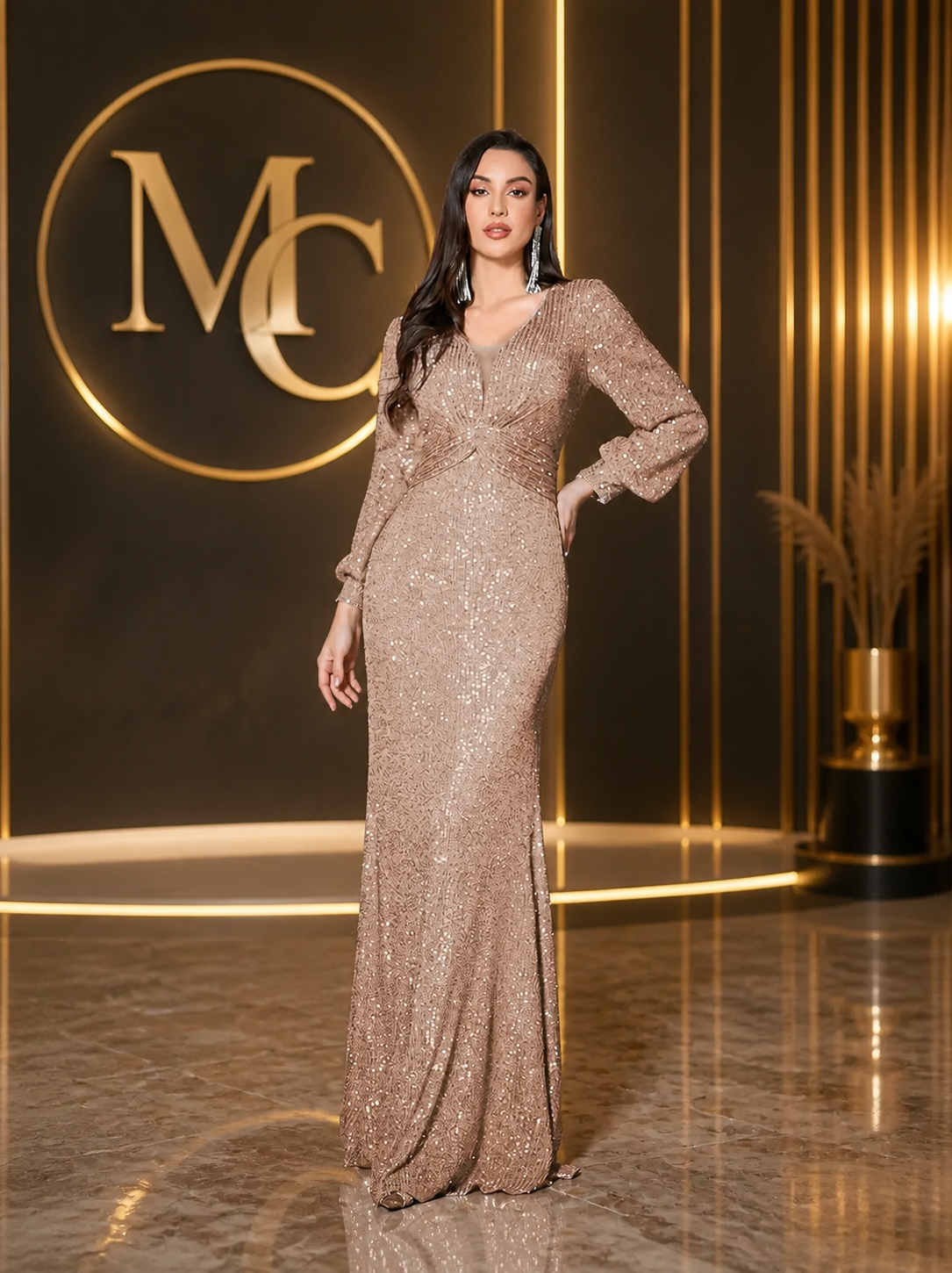 MC THE BLACK DIAMOND mermaid evening gown with twisted lantern sleeves, gold sequin embellishments, and a luxurious, elegant design.