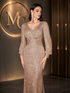 Elegant MC THE BLACK DIAMOND mermaid evening dress with gold sequins, twisted lantern sleeves, perfect for formal parties and proms.