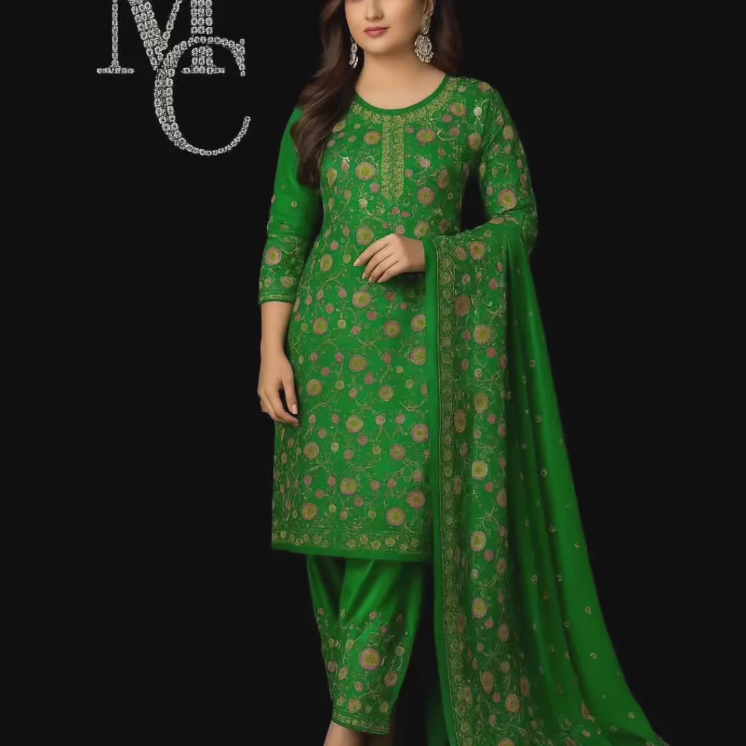 Emerald Green Floral Embroidered Chiffon Fabric (4 Meters)